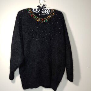 Minali Vintage Angora Wool Blend Beaded Jeweled Pullover Sweater Size M Black